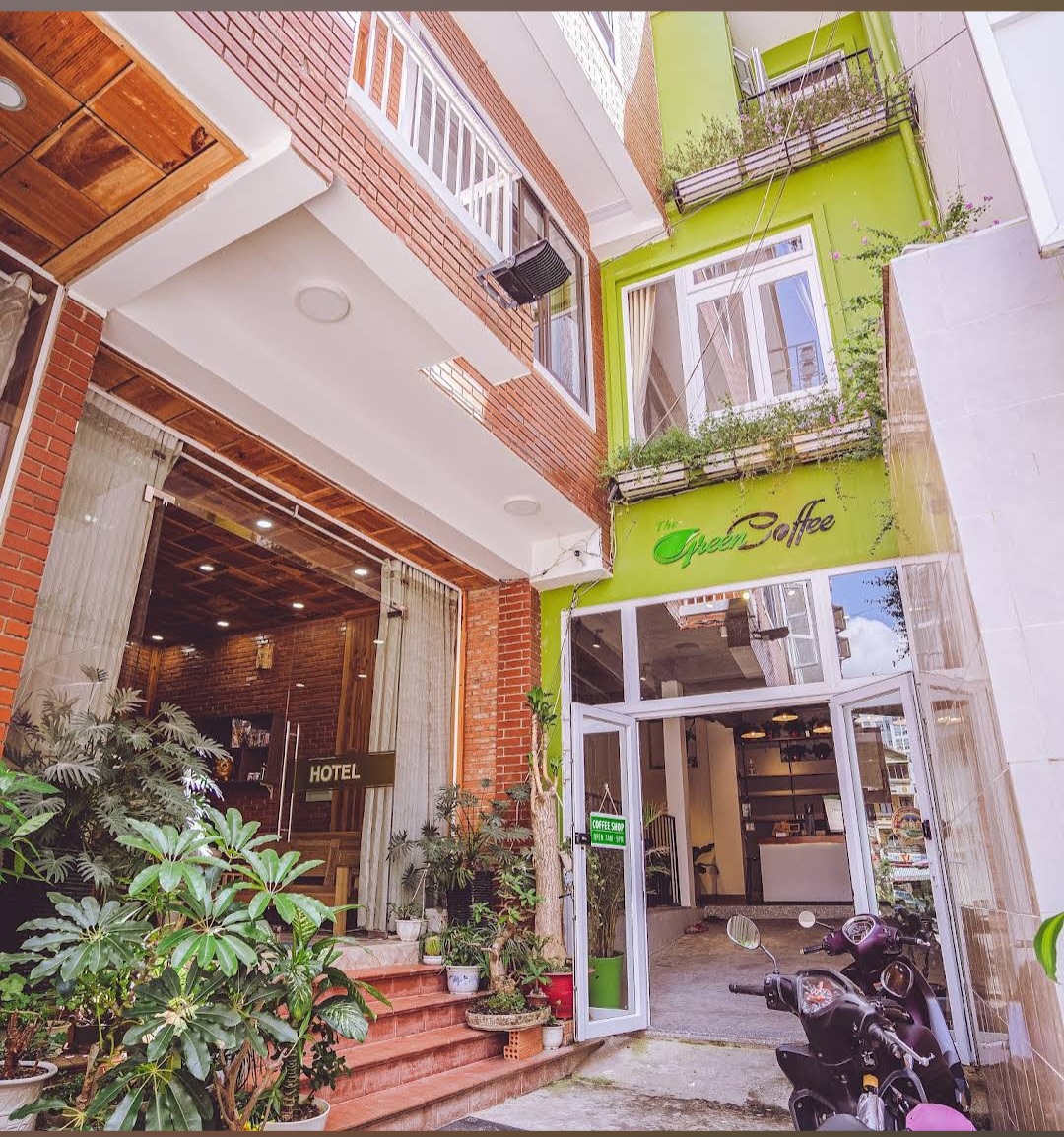 The Green House Da Lat — hotel exterior with The Green Coffee sign
